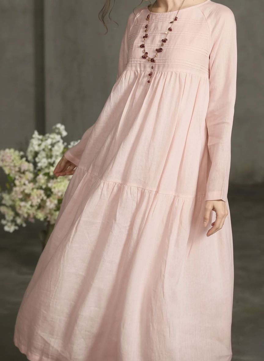 Women Pink Printecks Tiered Maxi Dress | Long Sleeve Boho Smock Dress