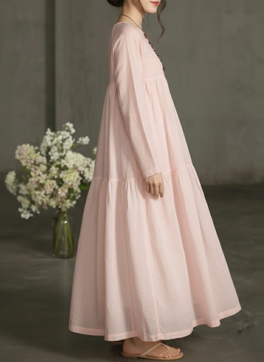 Women Pink Printecks Tiered Maxi Dress | Long Sleeve Boho Smock Dress