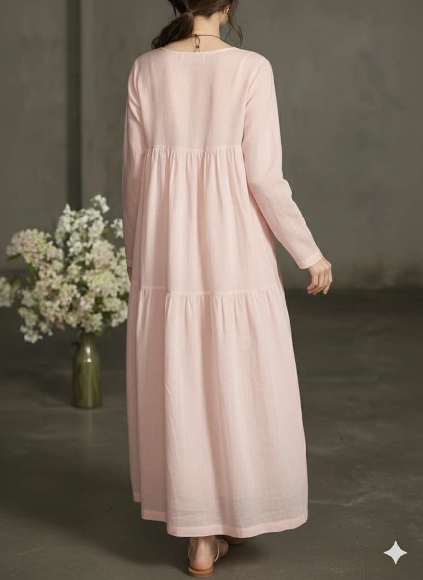 Women Pink Printecks Tiered Maxi Dress | Long Sleeve Boho Smock Dress