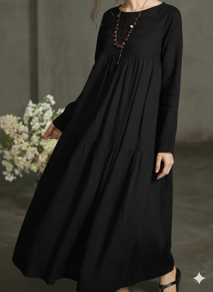 Women Black Printecks Tiered Maxi Dress | Long Sleeve Boho Smock Dress