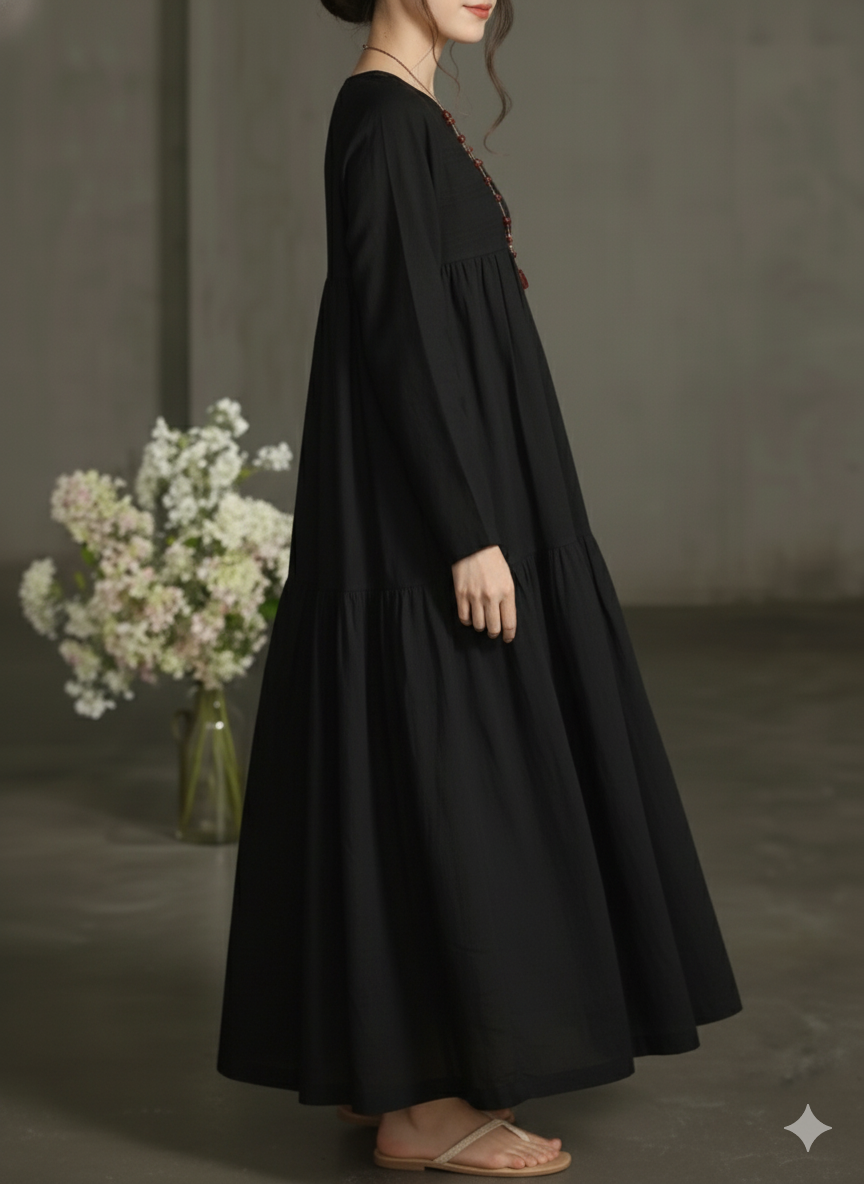 Women Black Printecks Tiered Maxi Dress | Long Sleeve Boho Smock Dress