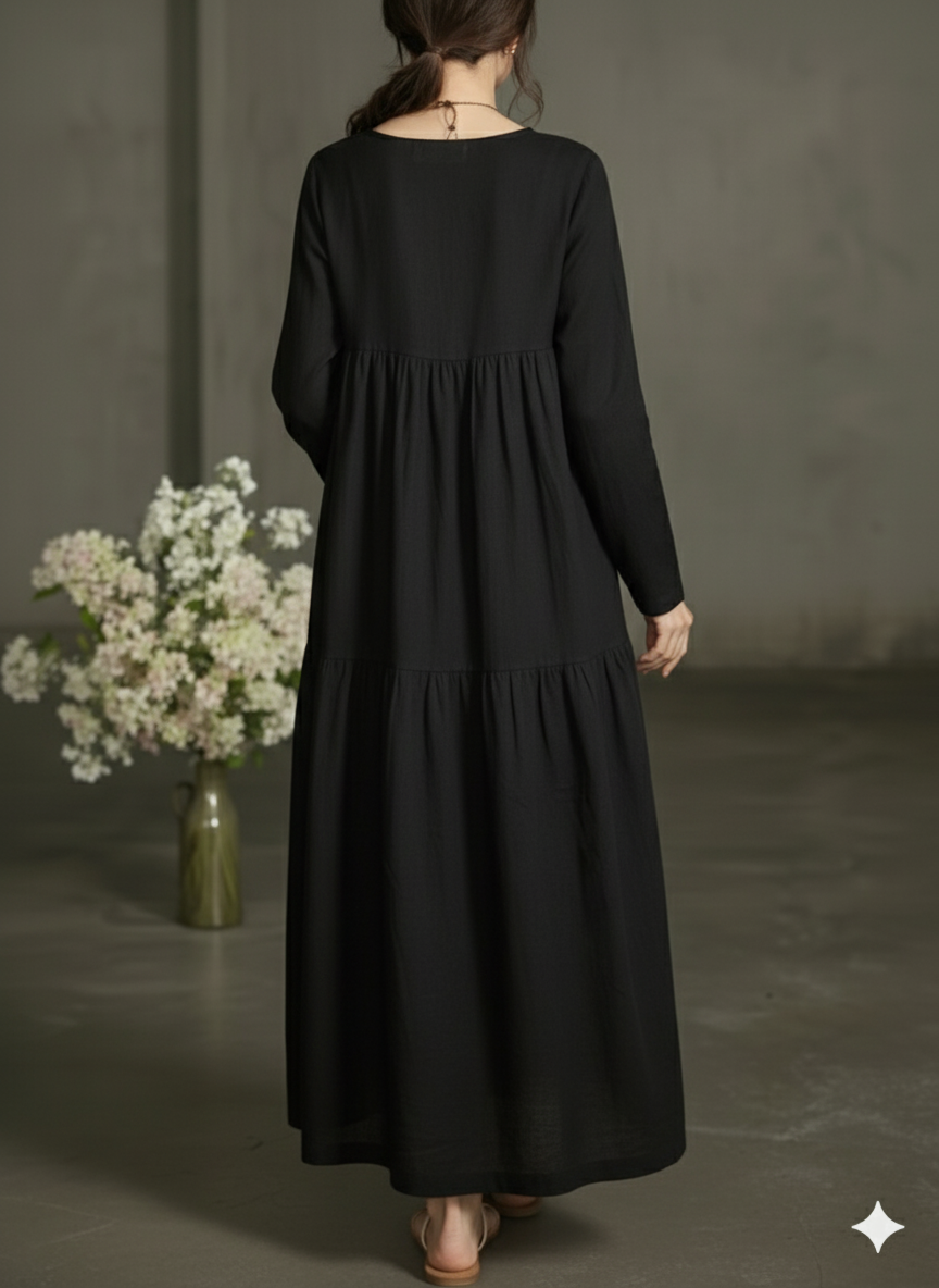 Women Black Printecks Tiered Maxi Dress | Long Sleeve Boho Smock Dress