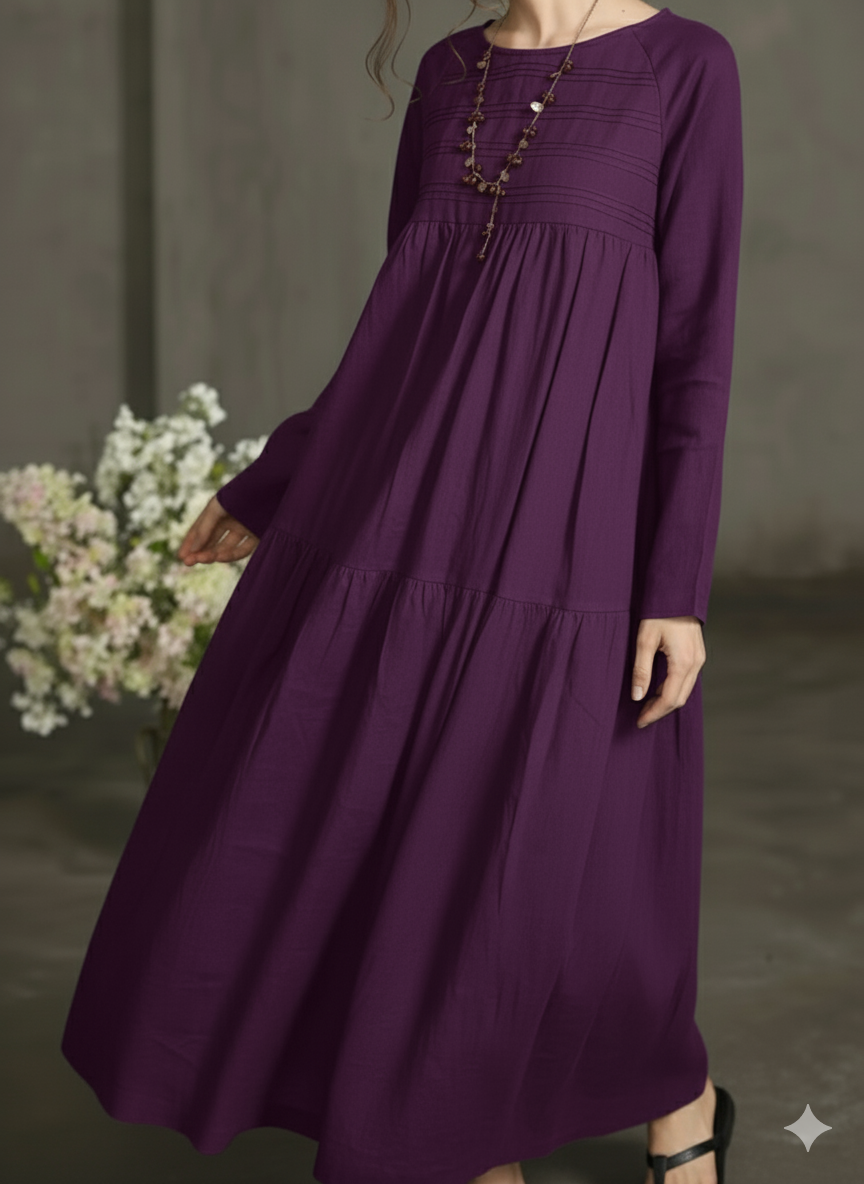 Women Wine Printecks Tiered Maxi Dress | Long Sleeve Boho Smock Dress