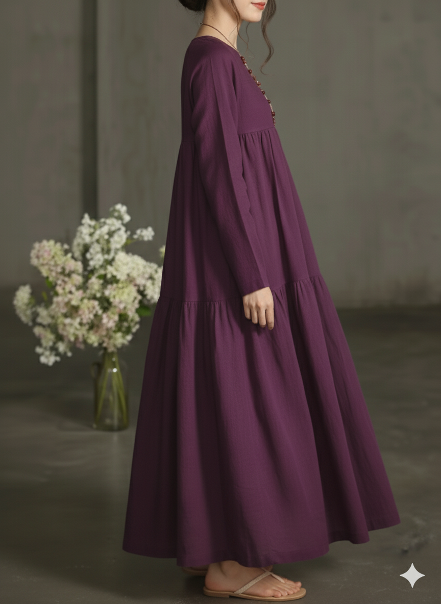 Women Wine Printecks Tiered Maxi Dress | Long Sleeve Boho Smock Dress