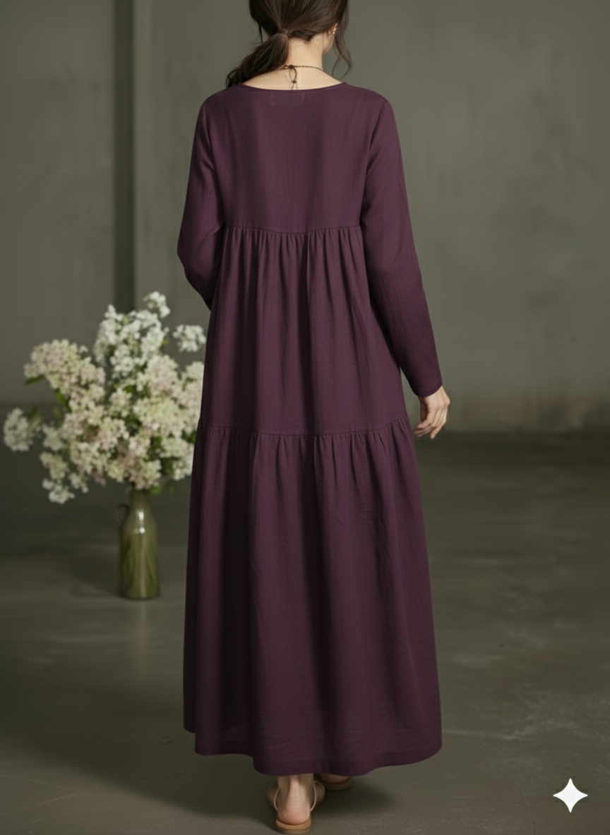 Women Wine Printecks Tiered Maxi Dress | Long Sleeve Boho Smock Dress