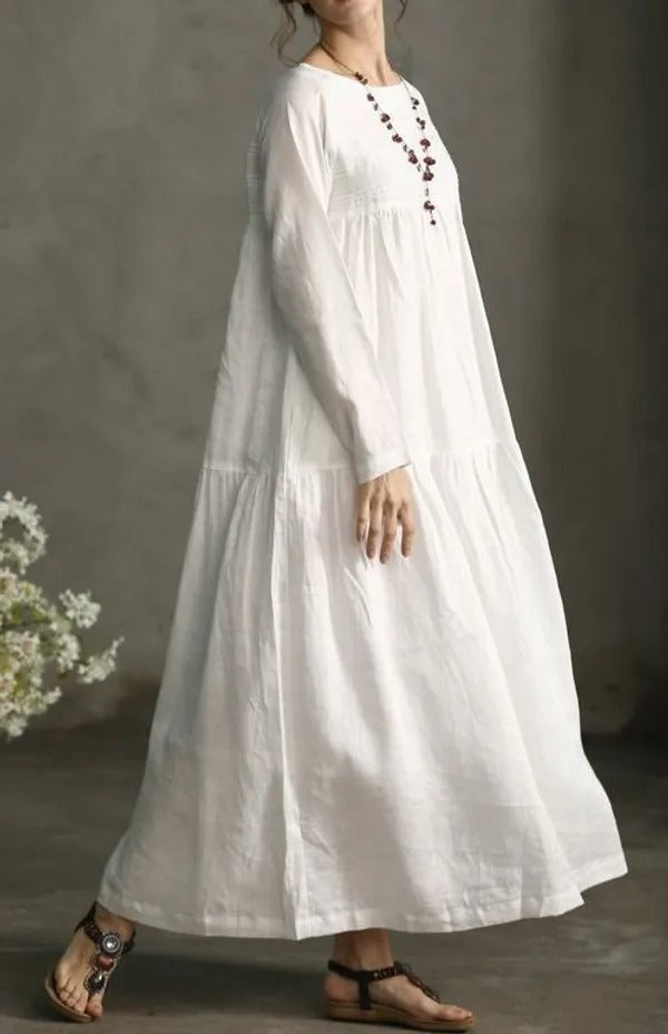 Women White Printecks Tiered Maxi Dress | Long Sleeve Boho Smock Dress