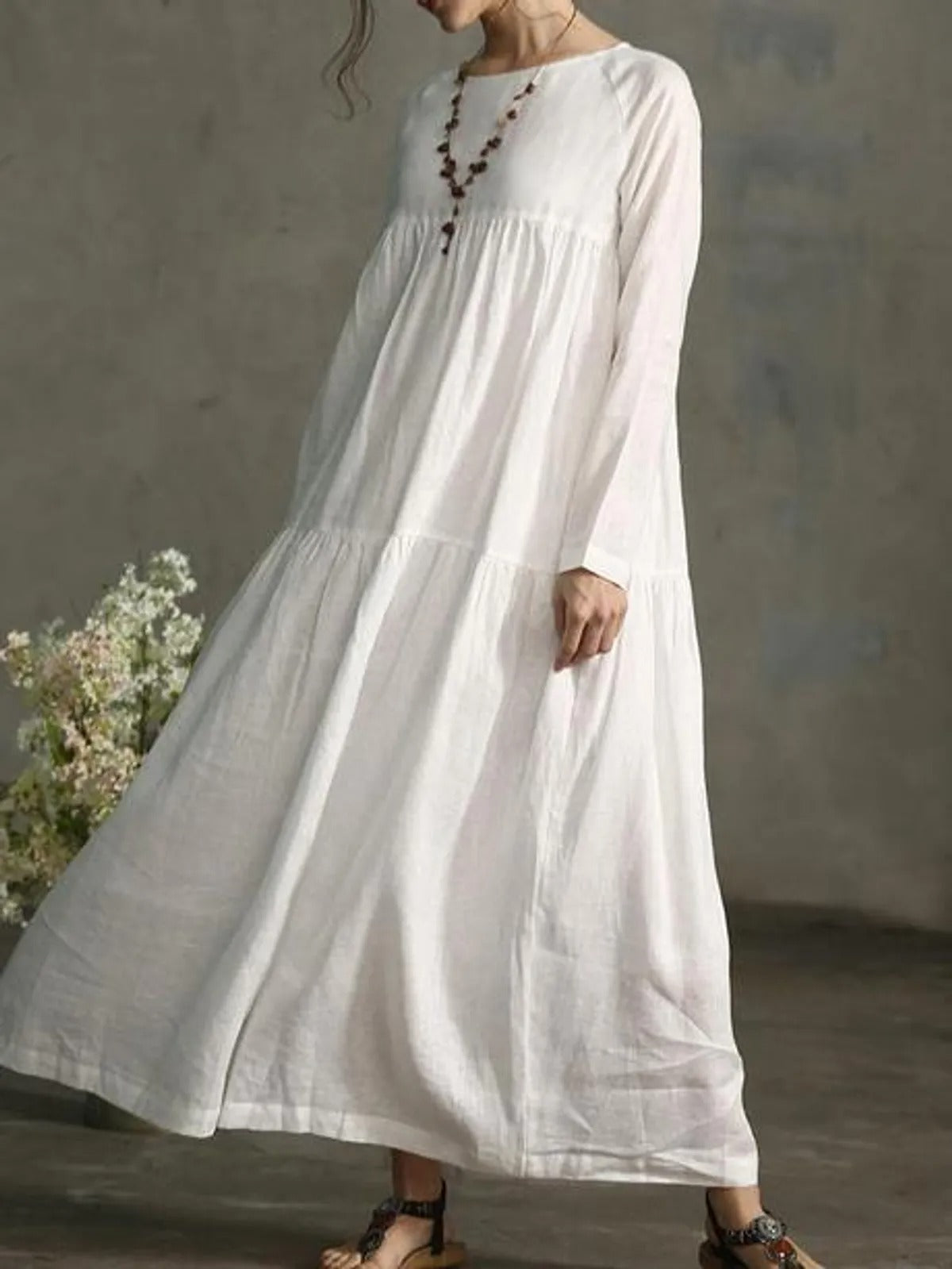 Women White Printecks Tiered Maxi Dress | Long Sleeve Boho Smock Dress
