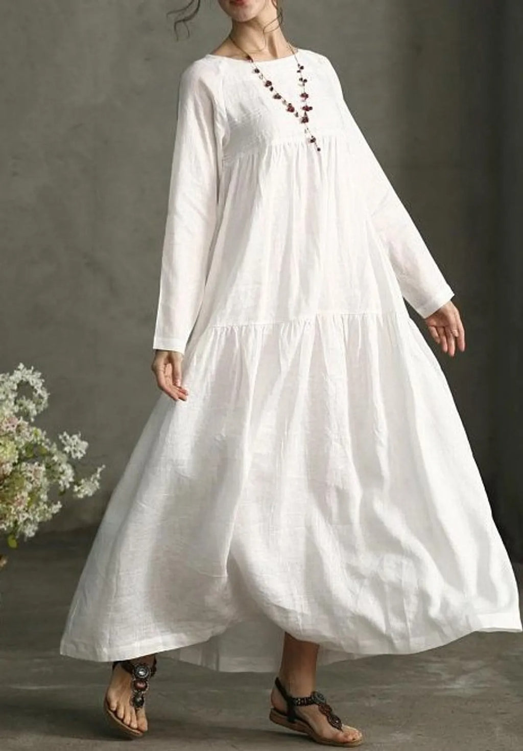 Women White Printecks Tiered Maxi Dress | Long Sleeve Boho Smock Dress