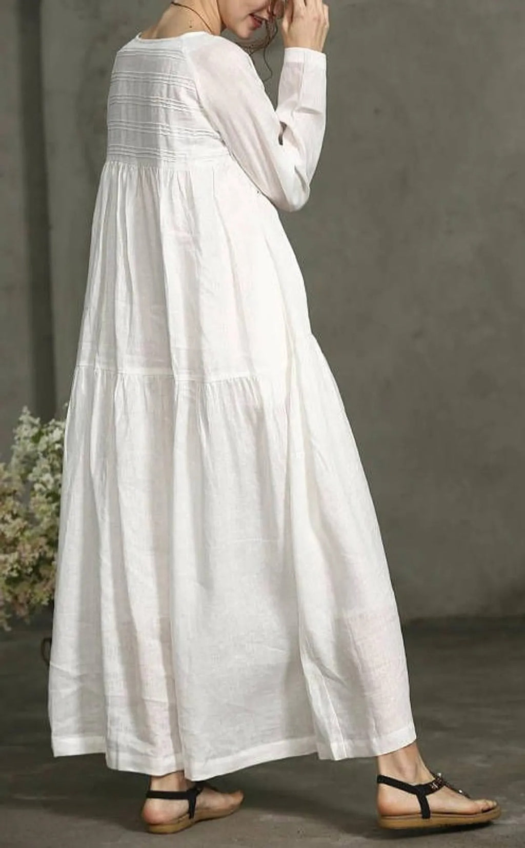 Women White Printecks Tiered Maxi Dress | Long Sleeve Boho Smock Dress