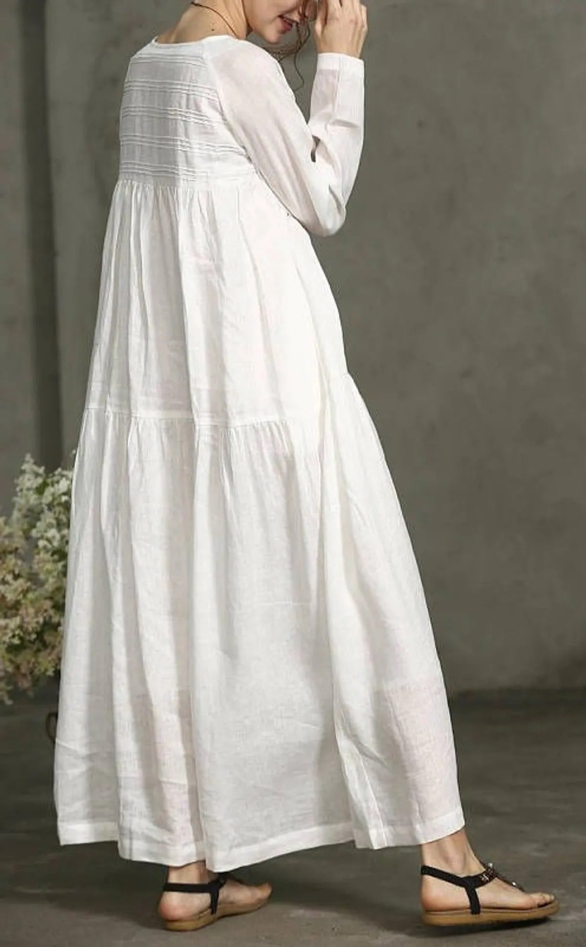 Women White Printecks Tiered Maxi Dress | Long Sleeve Boho Smock Dress