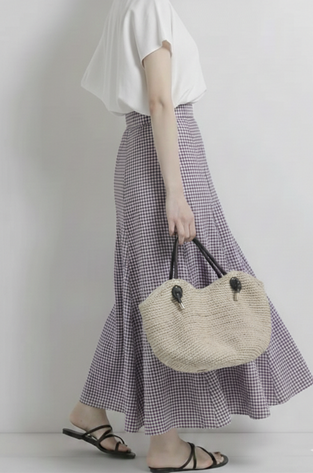 Women's High-Waisted Purple Mini Checkered Maxi Skirt with Pleat Details