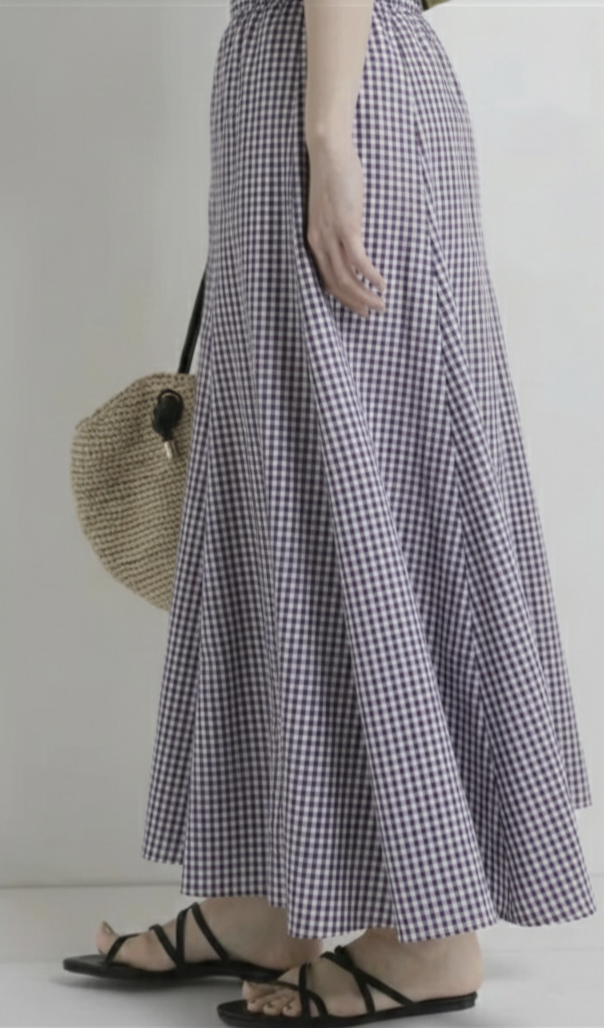 Women's High-Waisted Purple Mini Checkered Maxi Skirt with Pleat Details