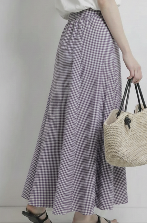 Women's High-Waisted Purple Mini Checkered Maxi Skirt with Pleat Details