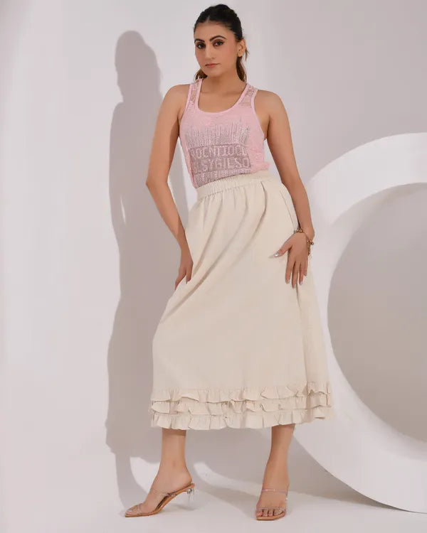 Women's Skirt with Fully  Elastic Waistband and Frills at Bottom