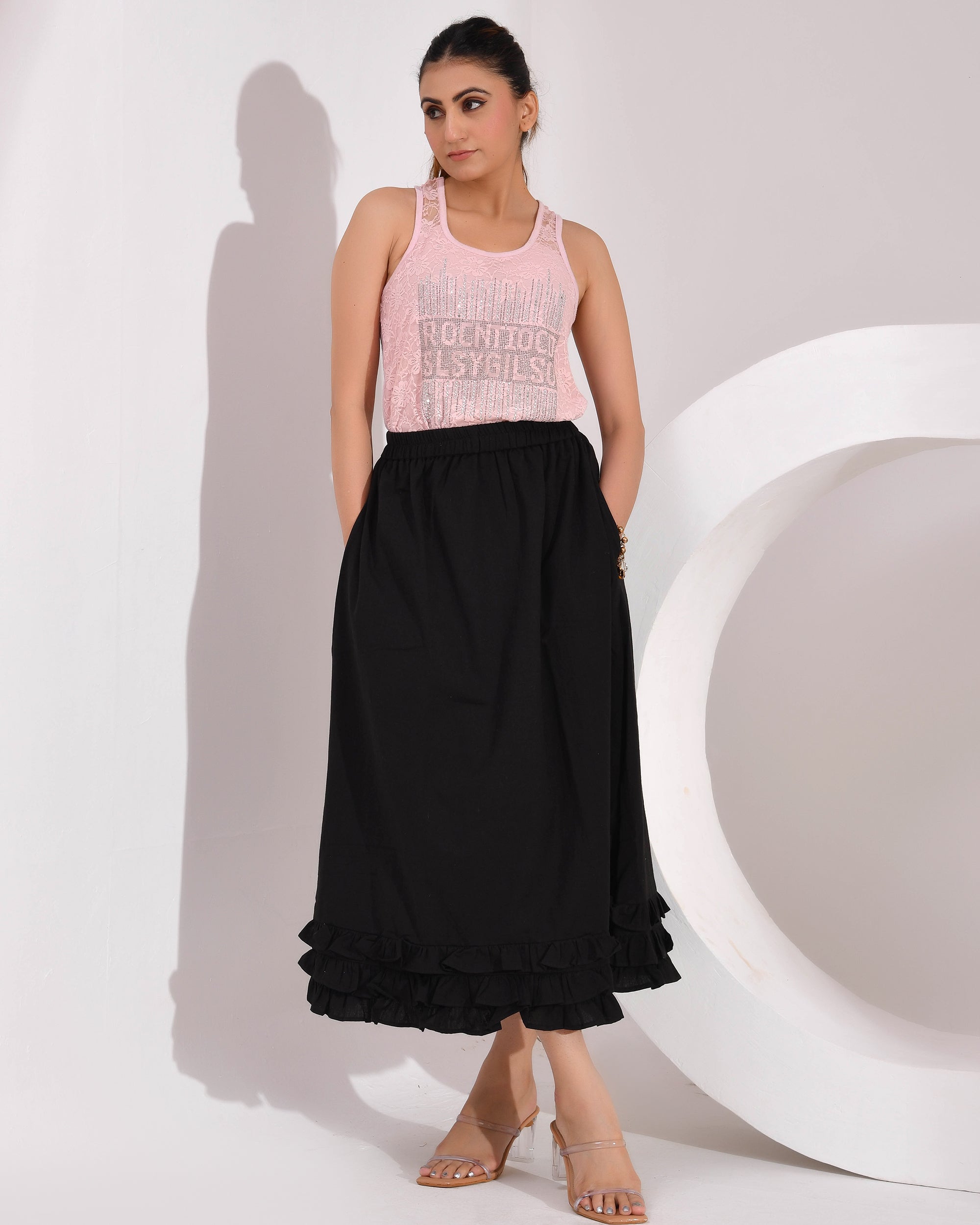 Women's Skirt with Fully  Elastic Waistband and Frills at Bottom