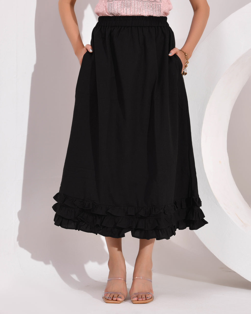 Women's Skirt with Fully  Elastic Waistband and Frills at Bottom