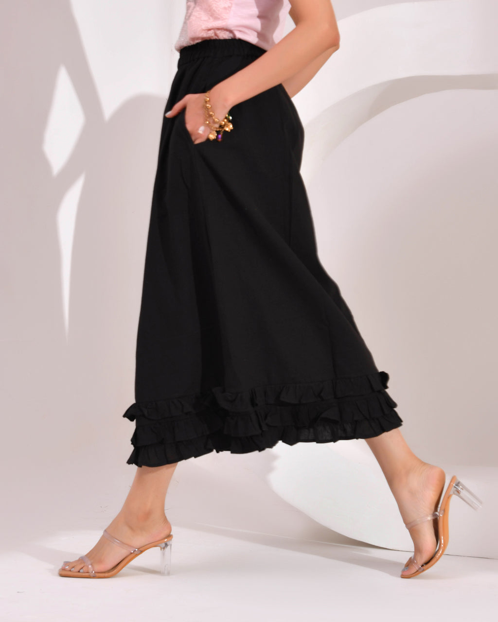 Women's Skirt with Fully  Elastic Waistband and Frills at Bottom