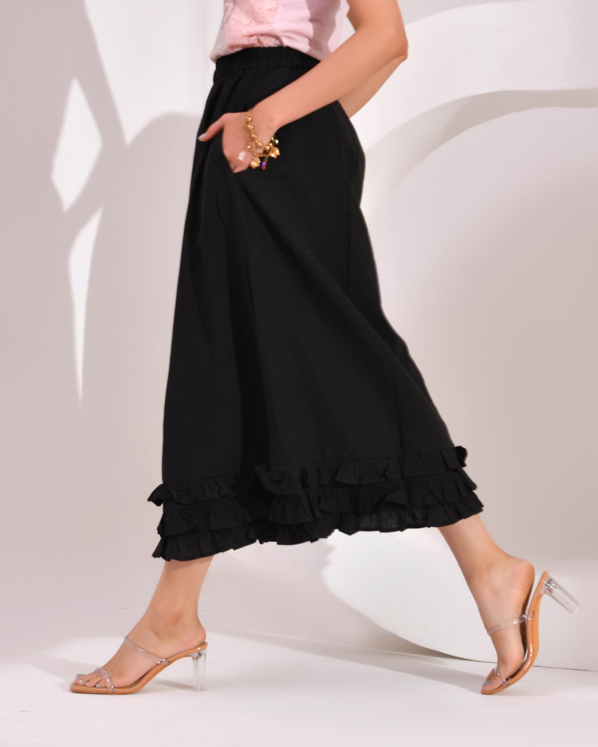 Women's Skirt with Fully  Elastic Waistband and Frills at Bottom