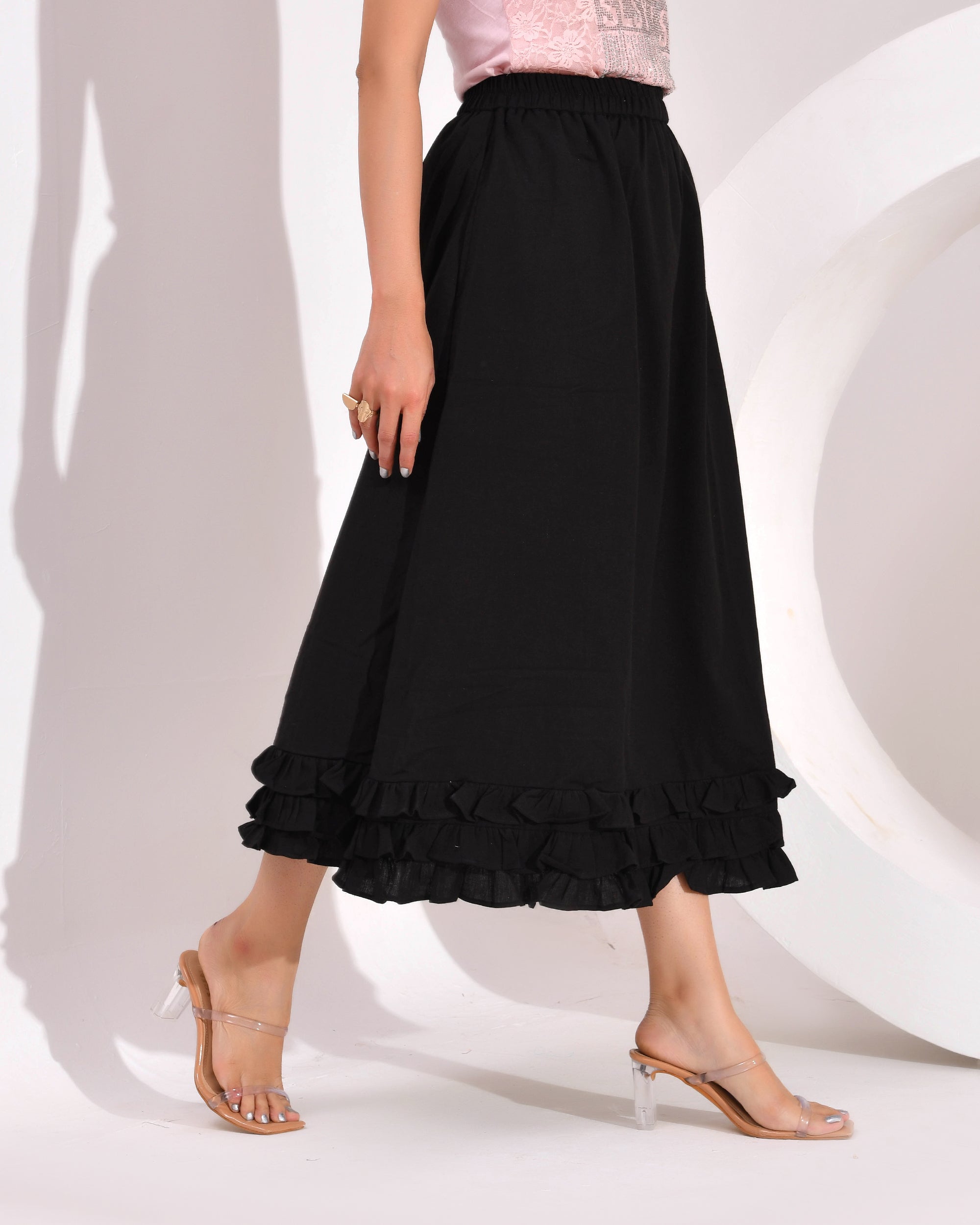 Women's Skirt with Fully  Elastic Waistband and Frills at Bottom