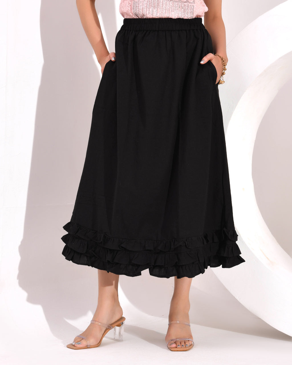 Women's Skirt with Fully  Elastic Waistband and Frills at Bottom