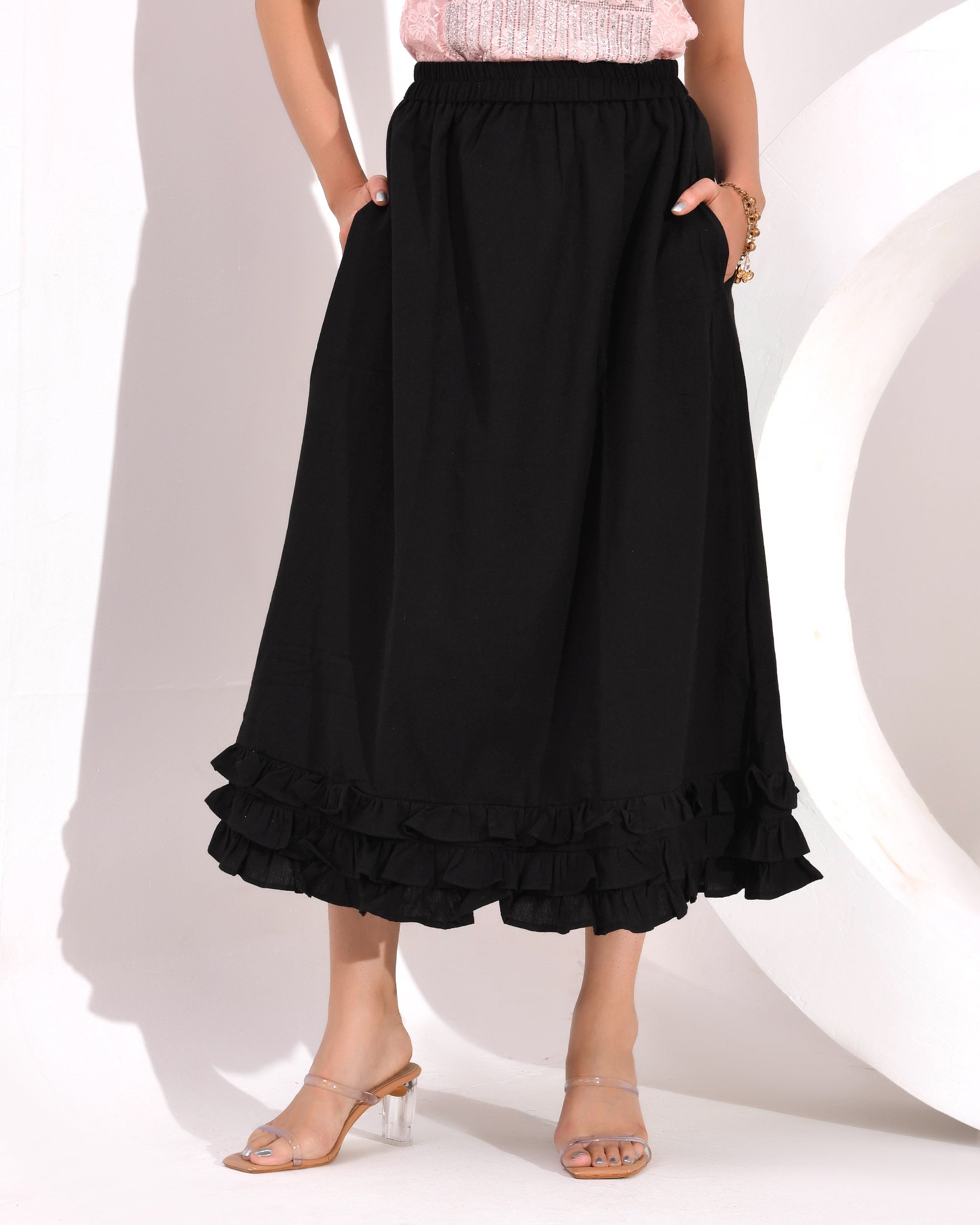 Women's Skirt with Fully  Elastic Waistband and Frills at Bottom