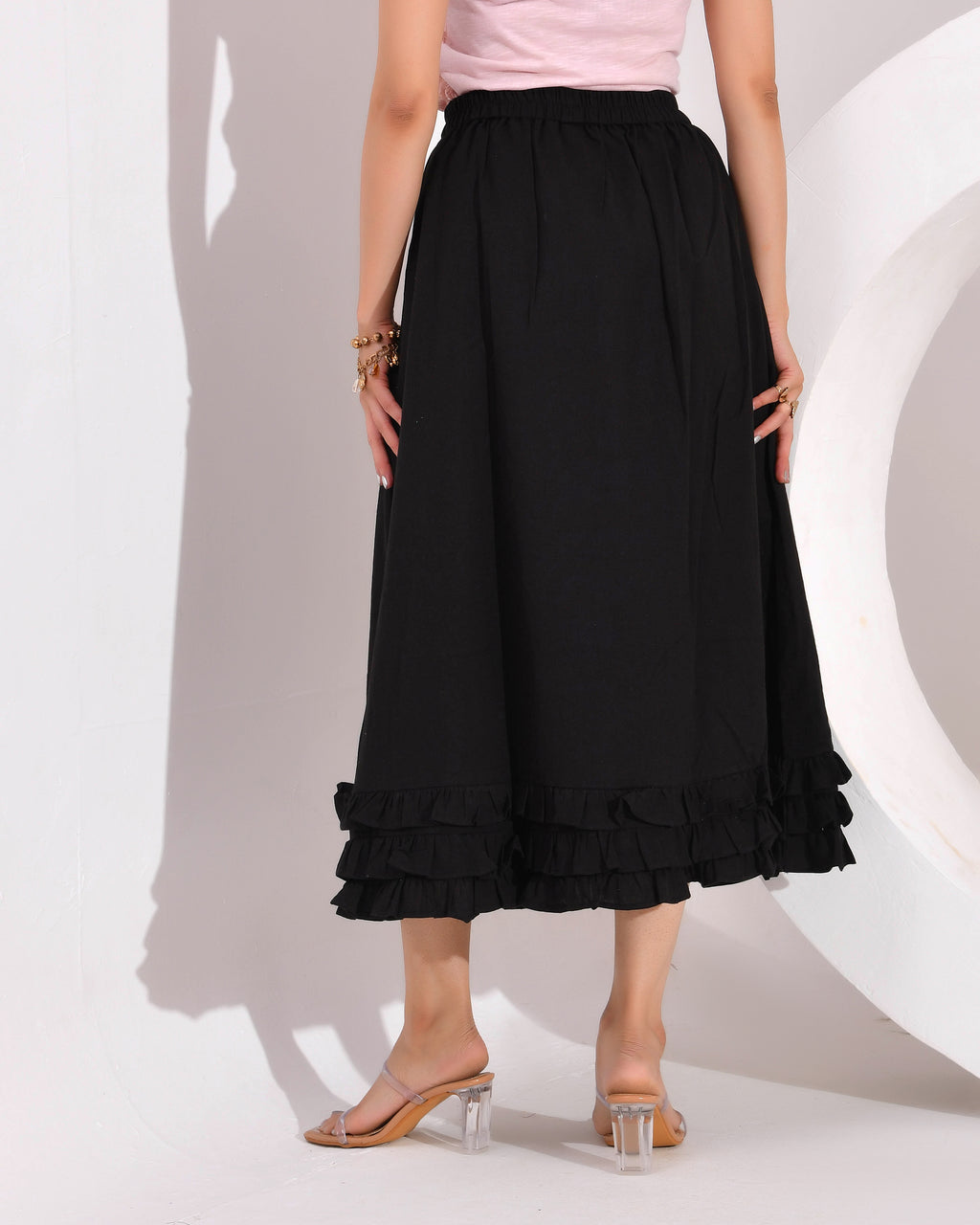 Women's Skirt with Fully  Elastic Waistband and Frills at Bottom