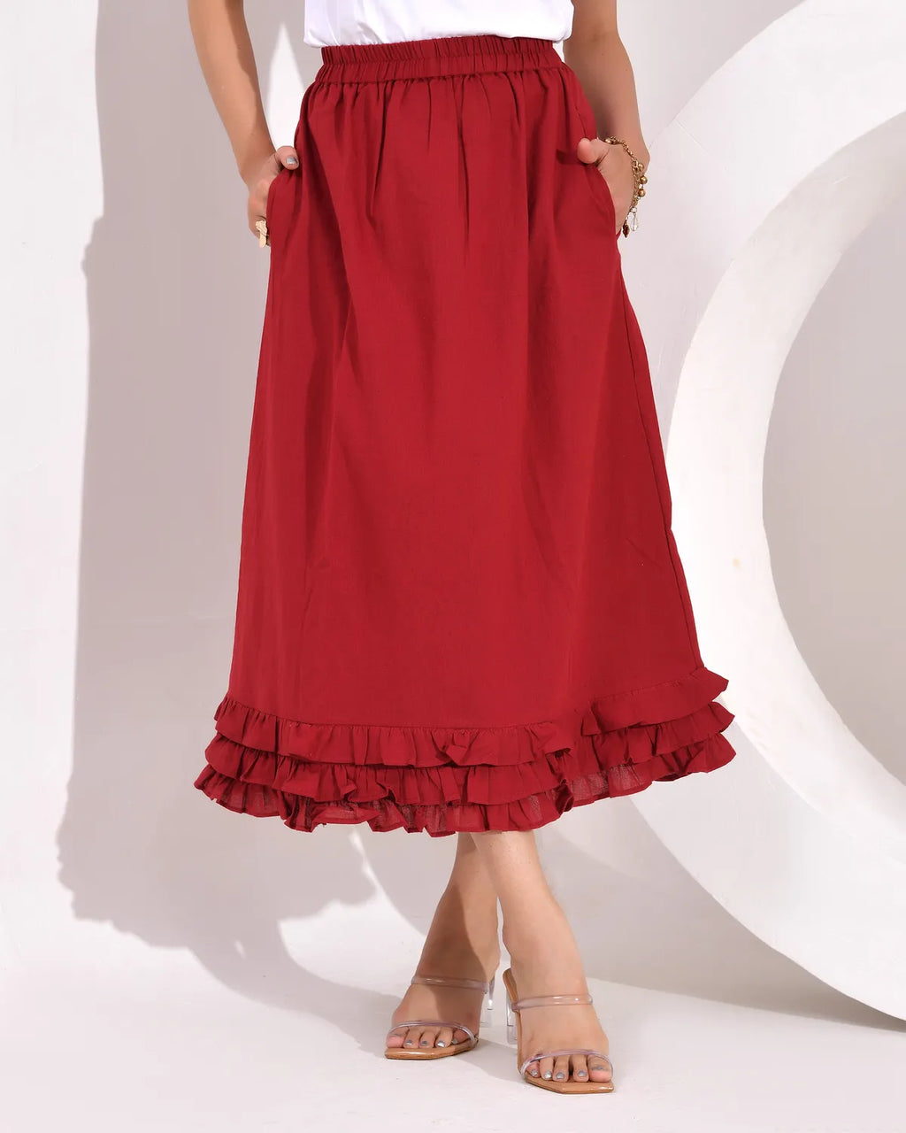 Women's Skirt with Fully  Elastic Waistband and Frills at Bottom