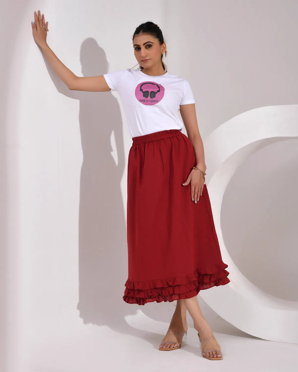 Women's Skirt with Fully  Elastic Waistband and Frills at Bottom