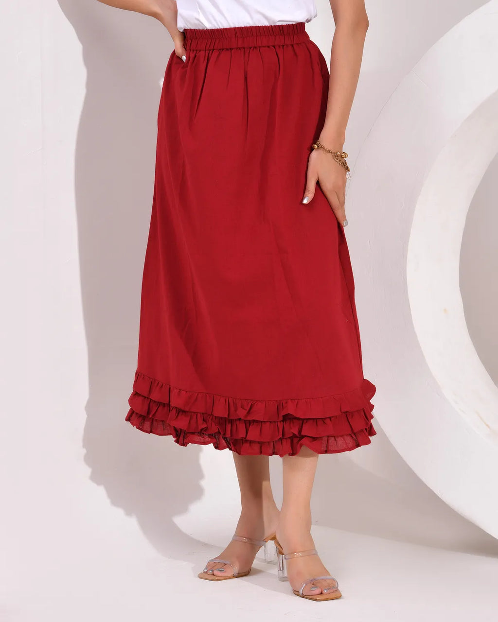 Women's Skirt with Fully  Elastic Waistband and Frills at Bottom