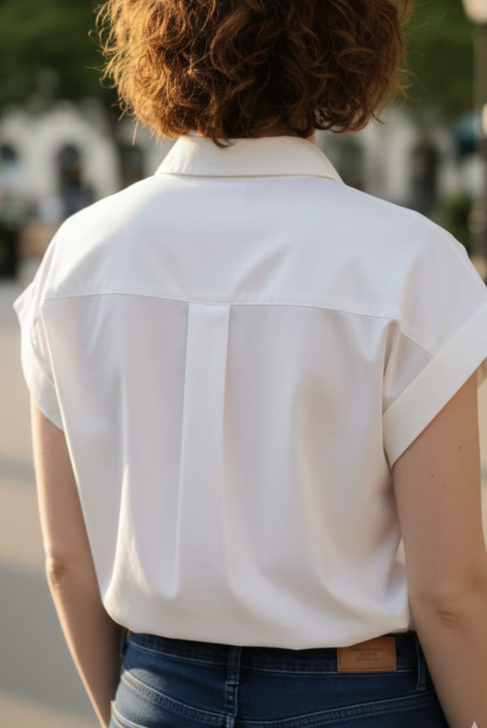Women's White Short Sleeve Button-Down Shirt with Rolled Cuffs