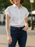 Women's White Short Sleeve Button-Down Shirt with Rolled Cuffs