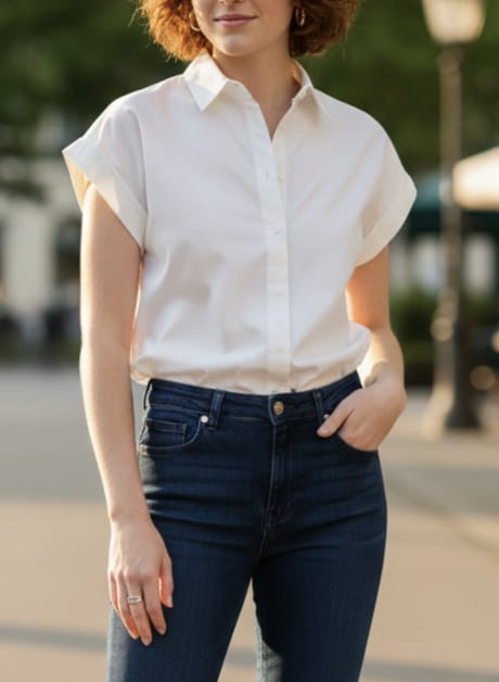 Women's White Short Sleeve Button-Down Shirt with Rolled Cuffs