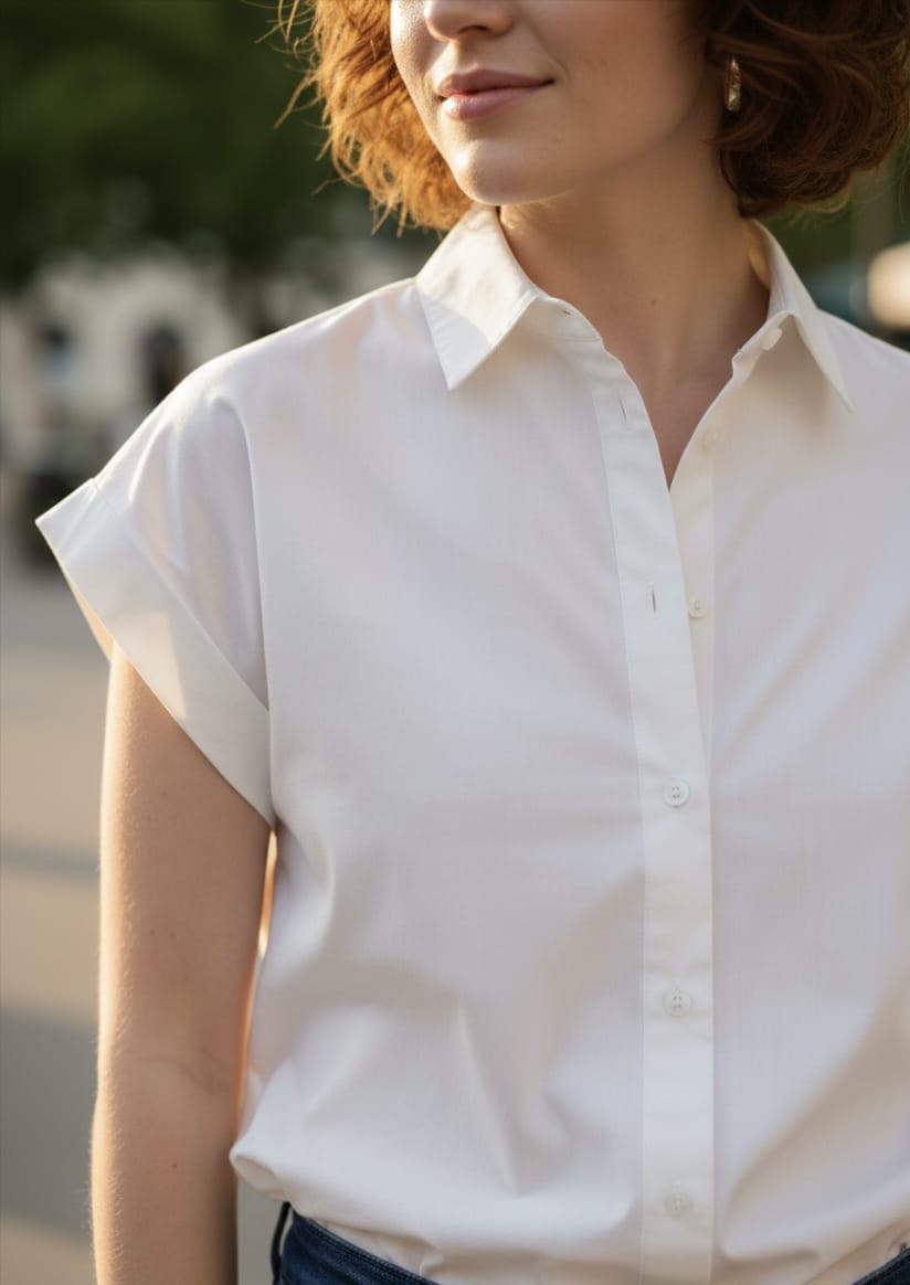 Women's White Short Sleeve Button-Down Shirt with Rolled Cuffs