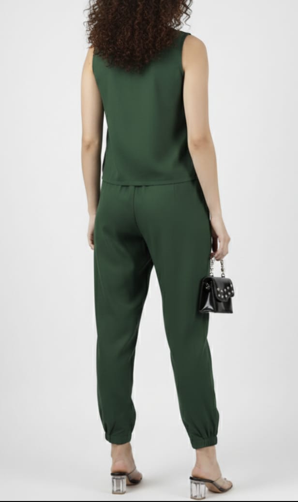 Women's Forest Green Sleeveless Co-ord Set – Relaxed Fit Button-Down Top & Cuffed Jogger Trousers
