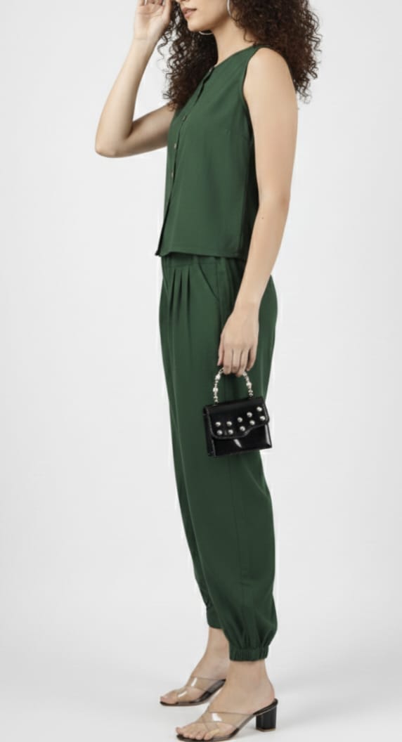 Women's Forest Green Sleeveless Co-ord Set – Relaxed Fit Button-Down Top & Cuffed Jogger Trousers