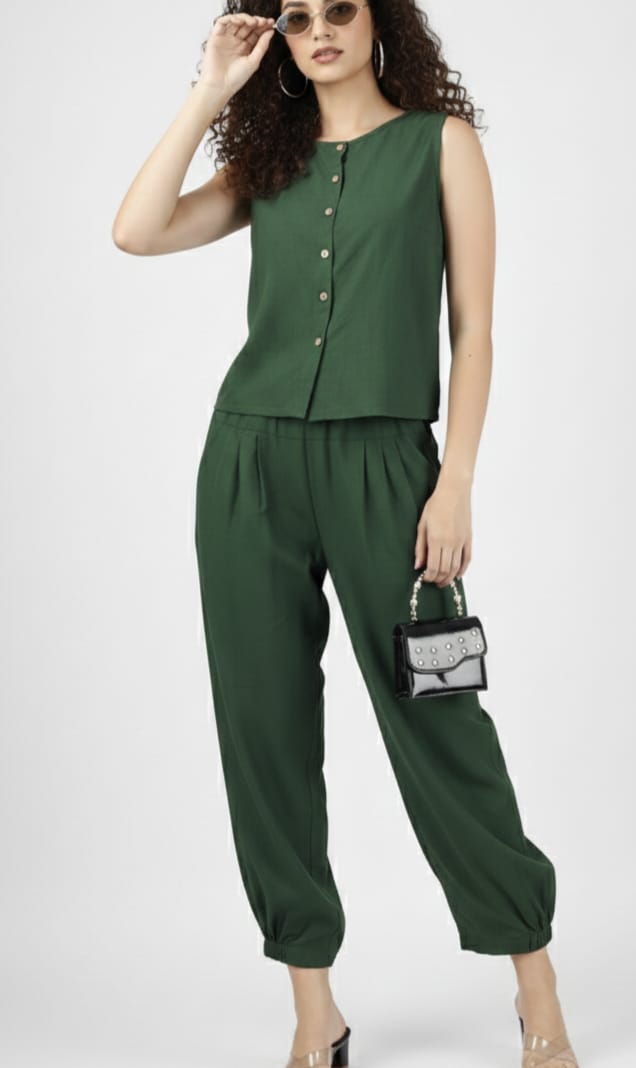 Women's Forest Green Sleeveless Co-ord Set – Relaxed Fit Button-Down Top & Cuffed Jogger Trousers