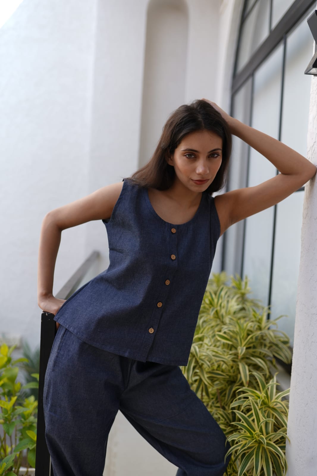 Women's Navy Blue Denim Co-ord Set – Sleeveless V-Neck Button-Down Top & Jogger-Style Trousers