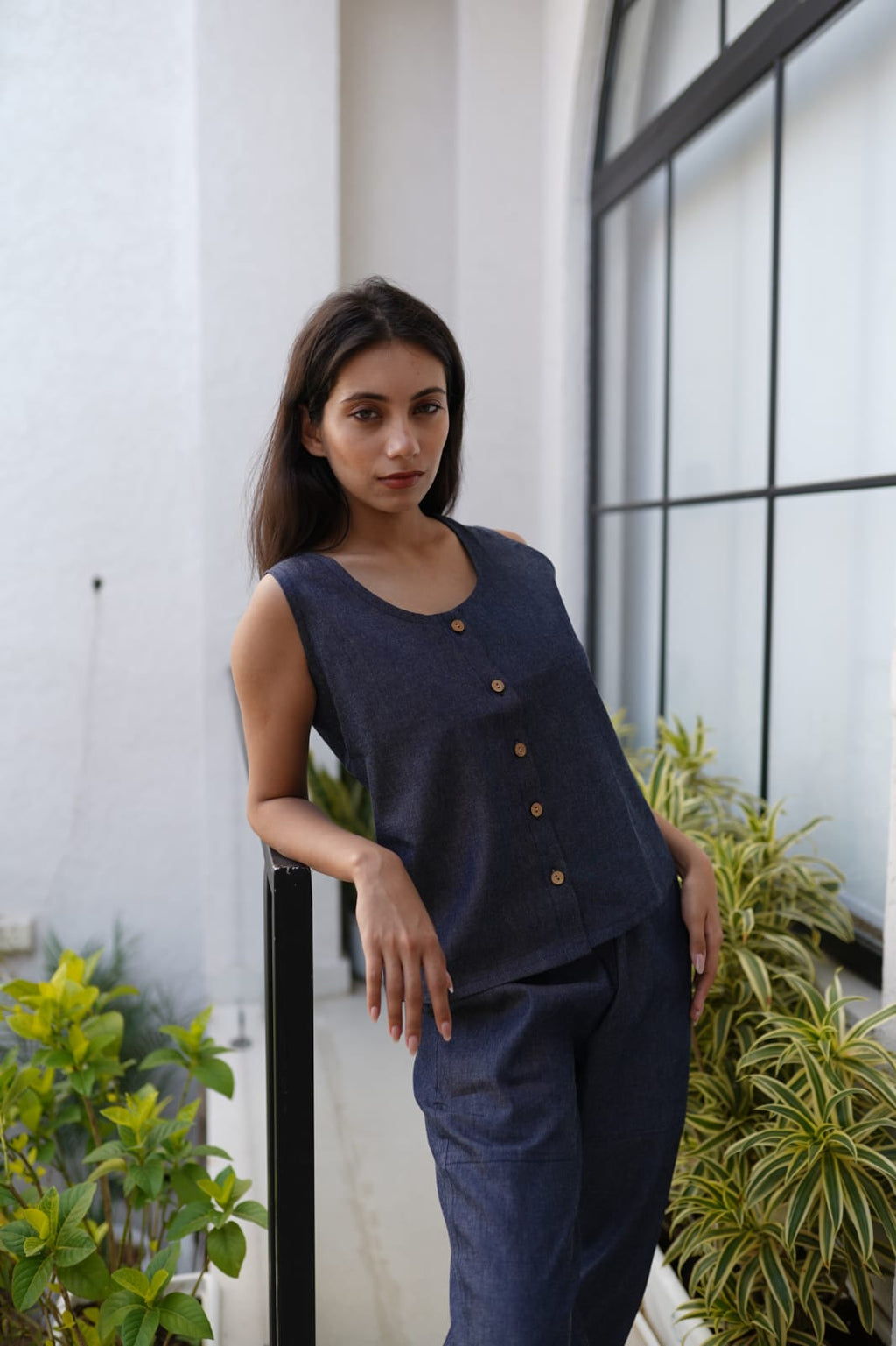 Women's Navy Blue Denim Co-ord Set – Sleeveless V-Neck Button-Down Top & Jogger-Style Trousers