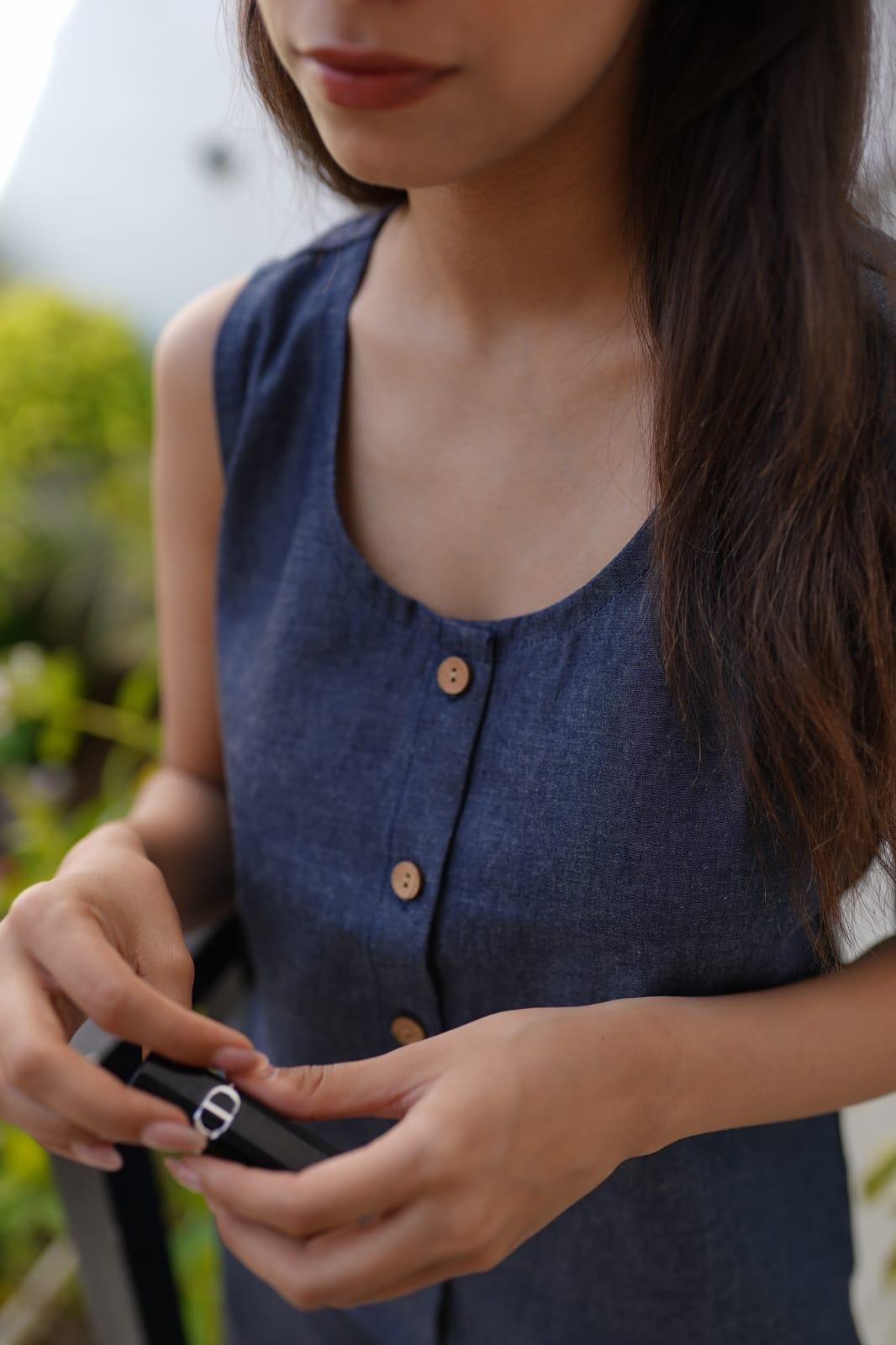 Women's Navy Blue Denim Co-ord Set – Sleeveless V-Neck Button-Down Top & Jogger-Style Trousers