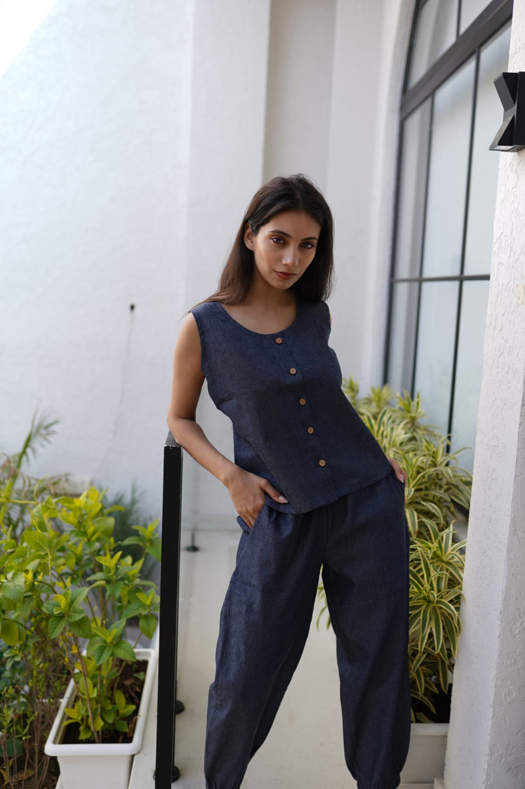 Women's Navy Blue Denim Co-ord Set – Sleeveless V-Neck Button-Down Top & Jogger-Style Trousers