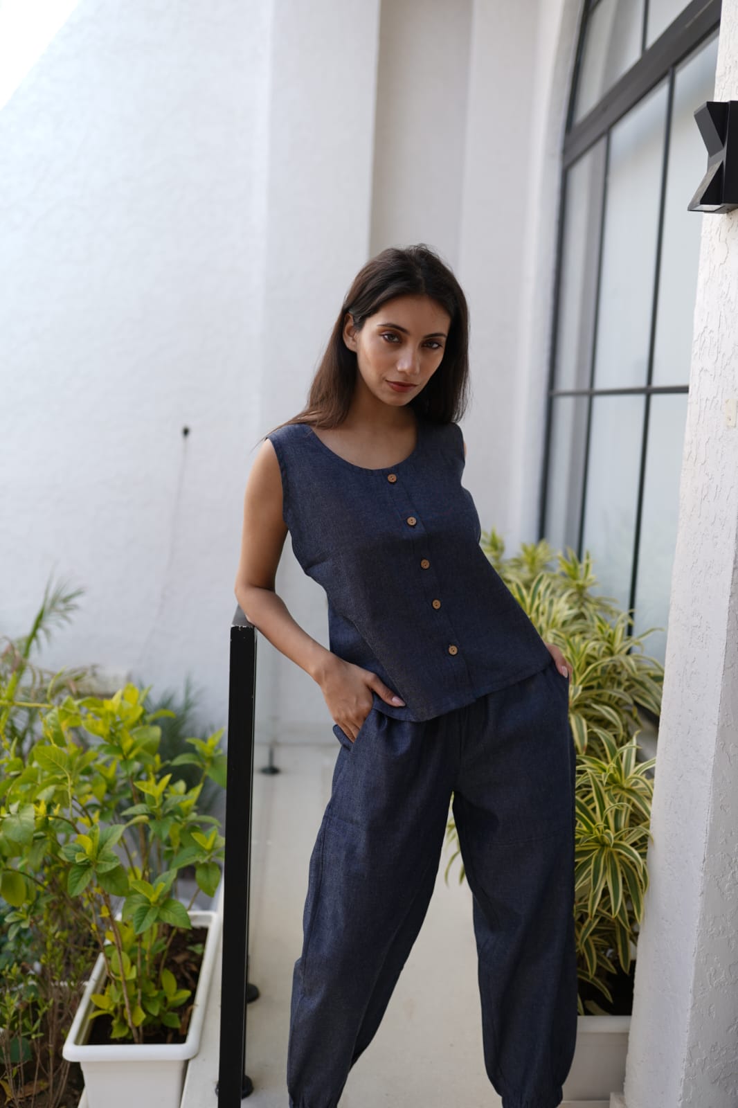 Women's Navy Blue Denim Co-ord Set – Sleeveless V-Neck Button-Down Top & Jogger-Style Trousers