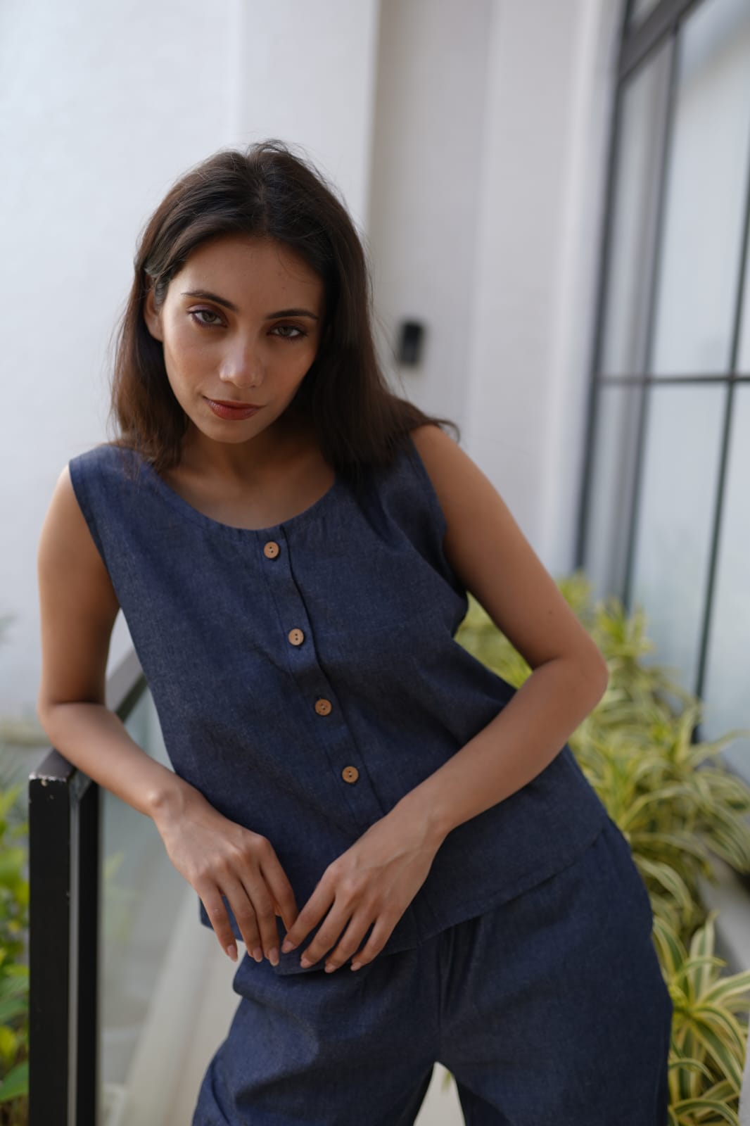 Women's Navy Blue Denim Co-ord Set – Sleeveless V-Neck Button-Down Top & Jogger-Style Trousers