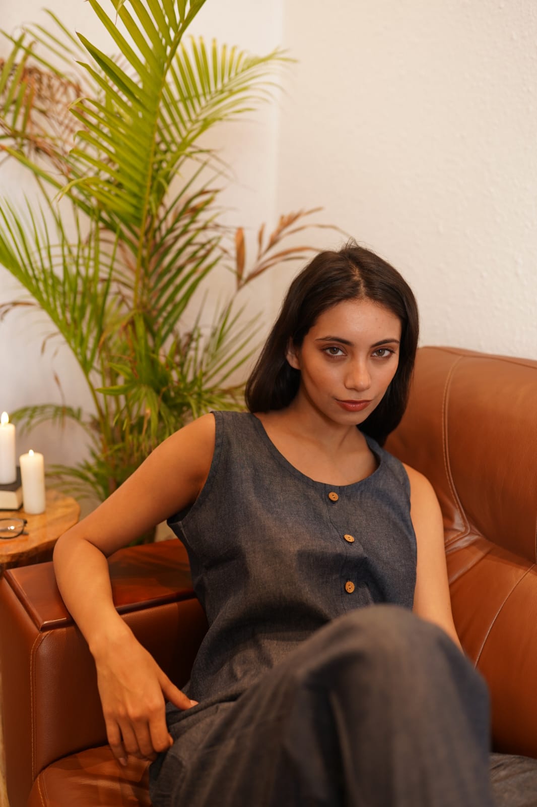 Women's Navy Blue Denim Co-ord Set – Sleeveless V-Neck Button-Down Top & Jogger-Style Trousers