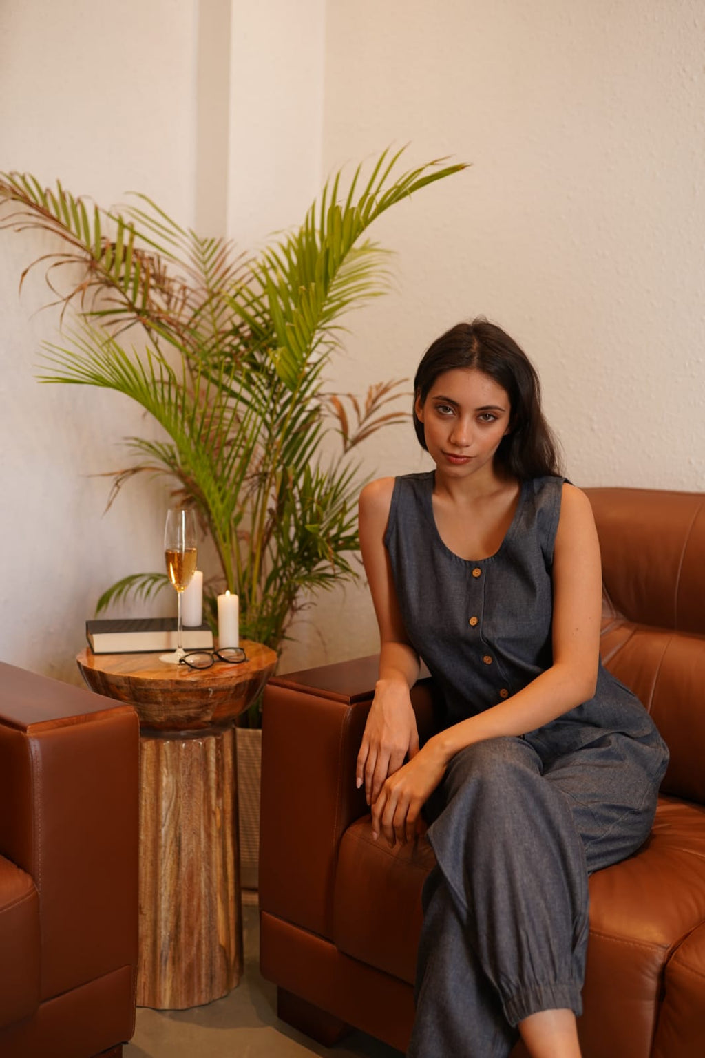 Women's Navy Blue Denim Co-ord Set – Sleeveless V-Neck Button-Down Top & Jogger-Style Trousers