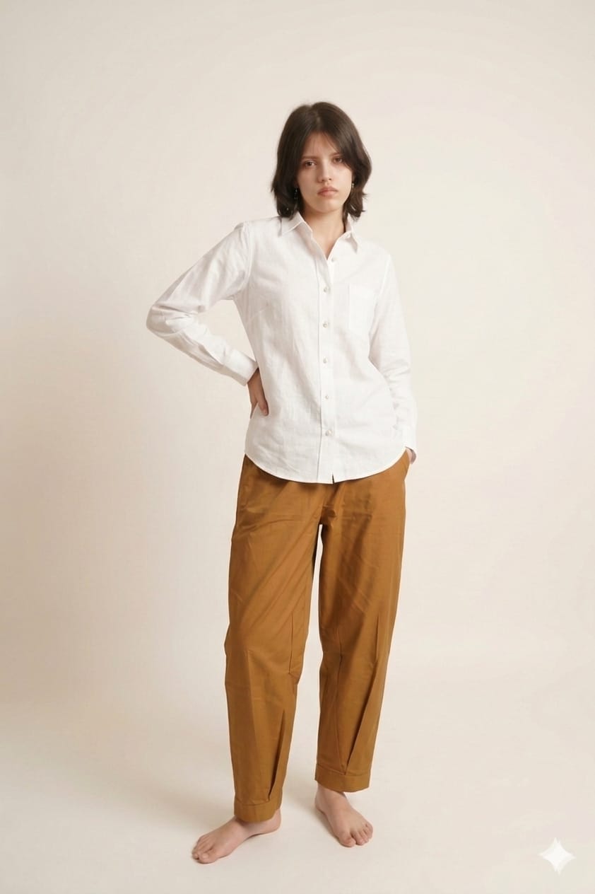 Women's Tapered Cotton – Relaxed Fit Pleated Trousers in Mustard Brown