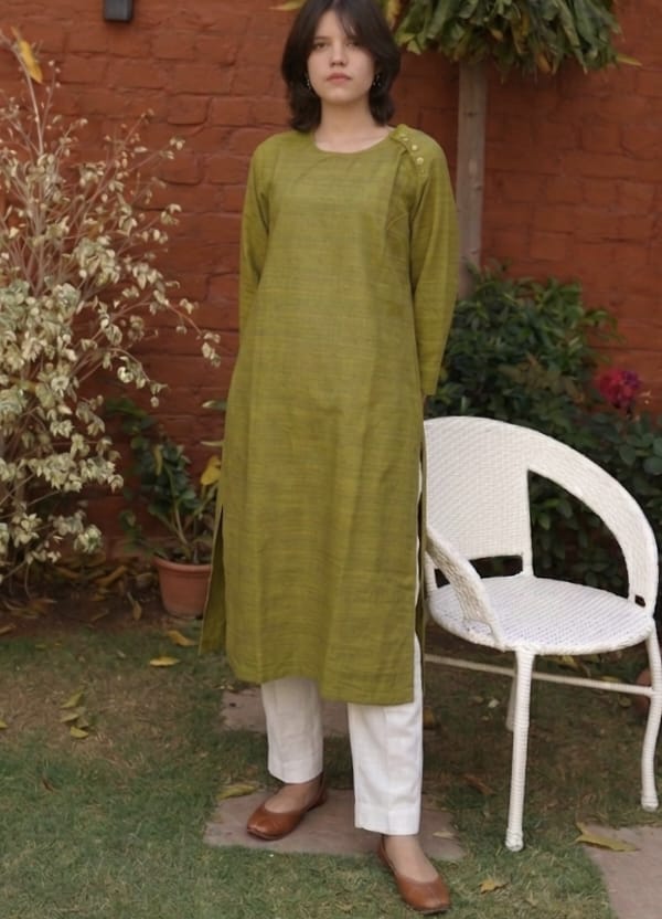 Women's Olive Green Cotton Blend Long Kurta with Side Shoulder Button Detailing