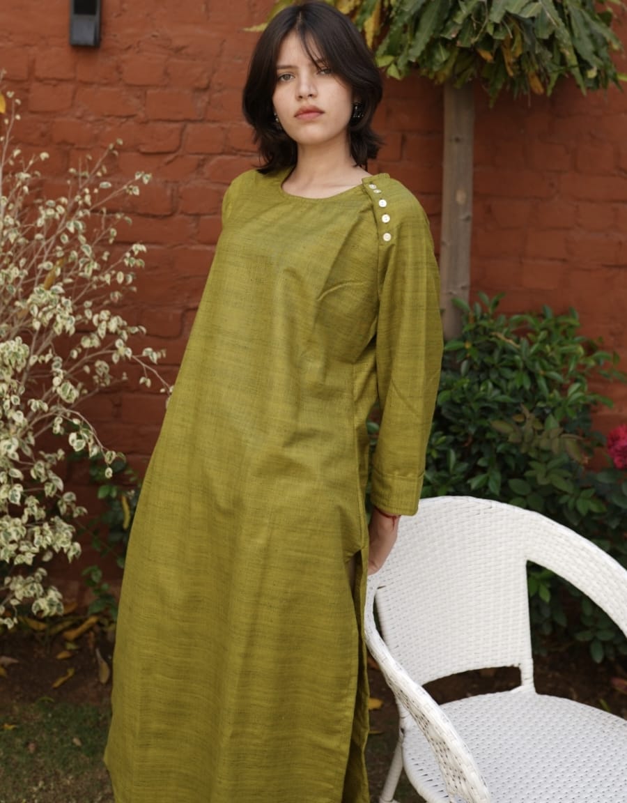 Women's Olive Green Cotton Blend Long Kurta with Side Shoulder Button Detailing