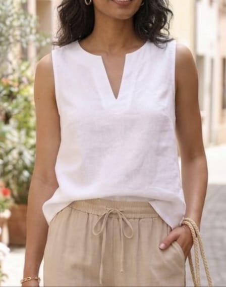 Women’s Solid White Sleeveless Cotton-Flex Top with V-Neck