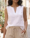 Women’s Solid White Sleeveless Cotton-Flex Top with V-Neck