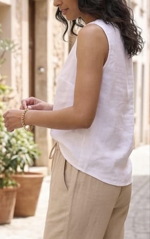 Women’s Solid White Sleeveless Cotton-Flex Top with V-Neck